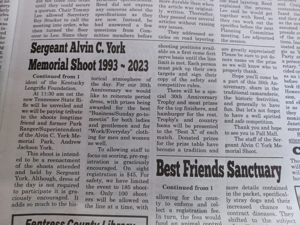 Fentress Times article on Alvin C York event
